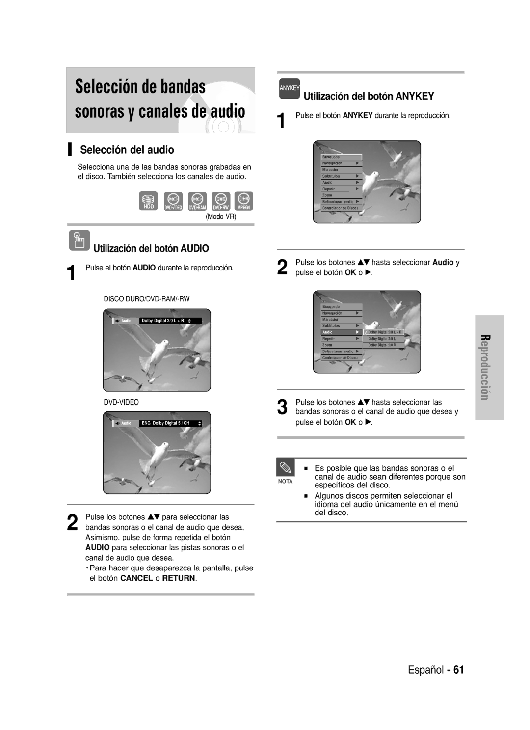 Samsung DVD-HR721/XEN, DVD-HR721/XEG Selección del audio, Utilización del botón Audio, Específicos del disco, Del disco 