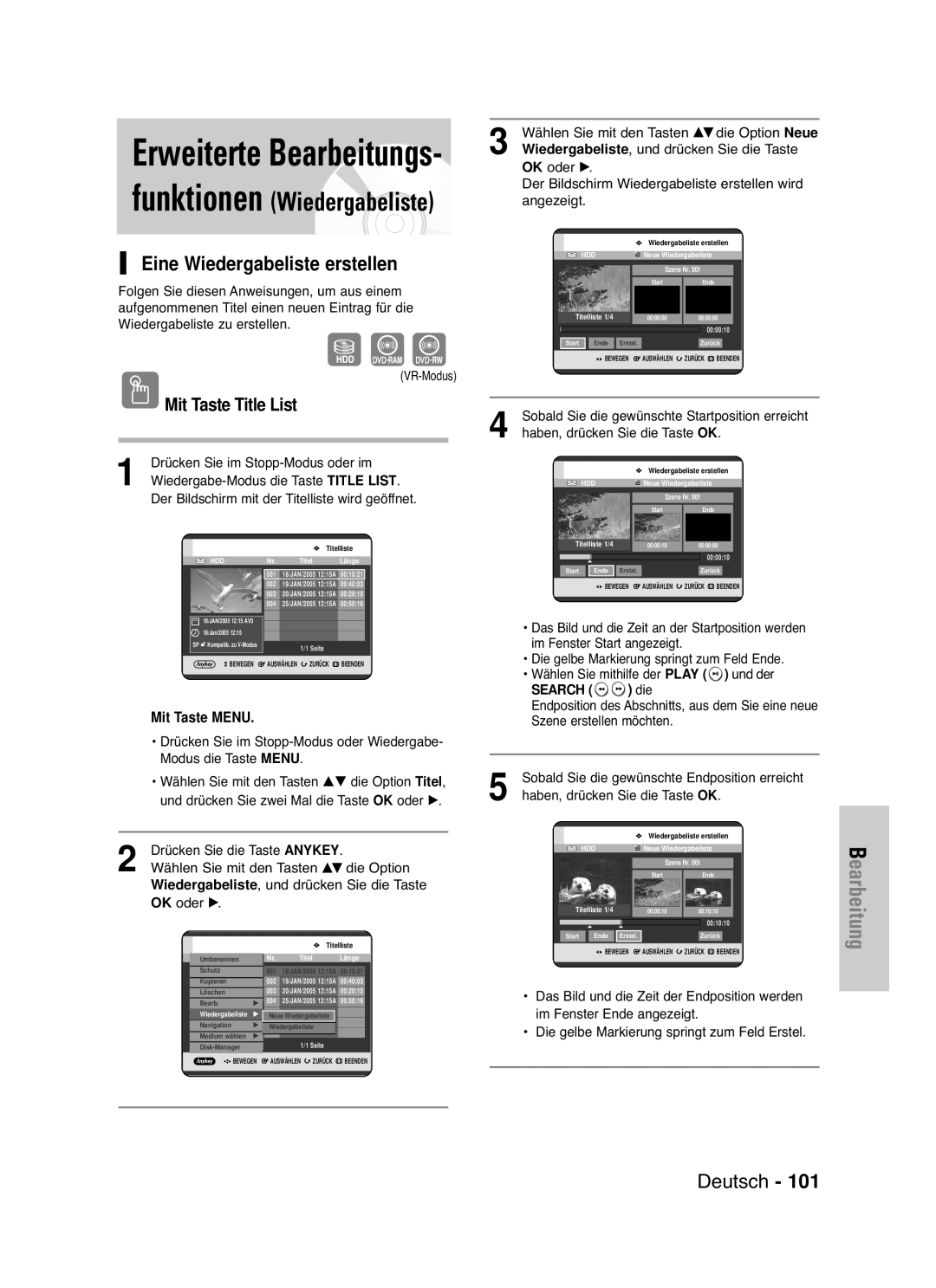 Samsung DVD-HR721/XEG manual Eine Wiedergabeliste erstellen, Wählen Sie mit den Tasten …†die Option Neue, Die 