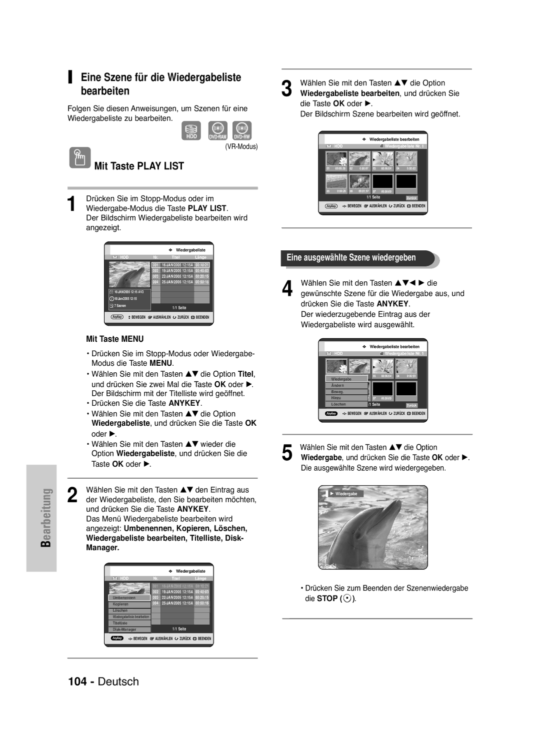 Samsung DVD-HR721/XEG manual Angezeigt Umbenennen, Kopieren, Löschen, Manager, Und drücken Sie 