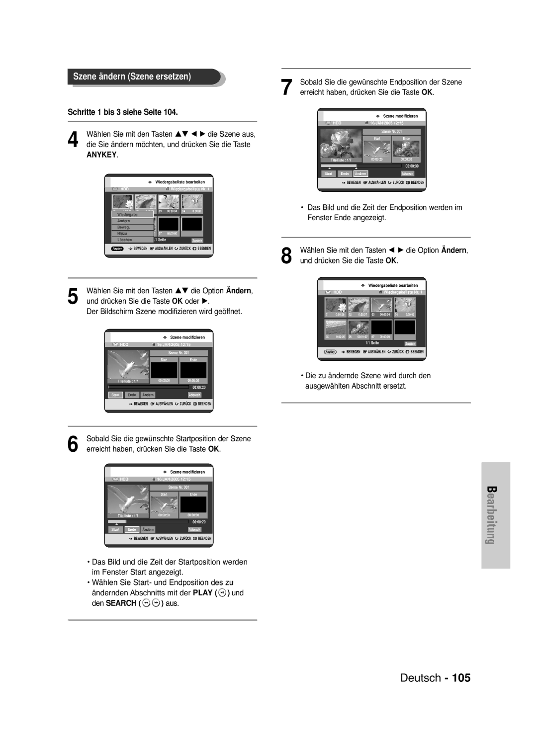 Samsung DVD-HR721/XEG manual Wählen Sie mit den Tasten …† œ √ die Szene aus, Den Search, Aus 