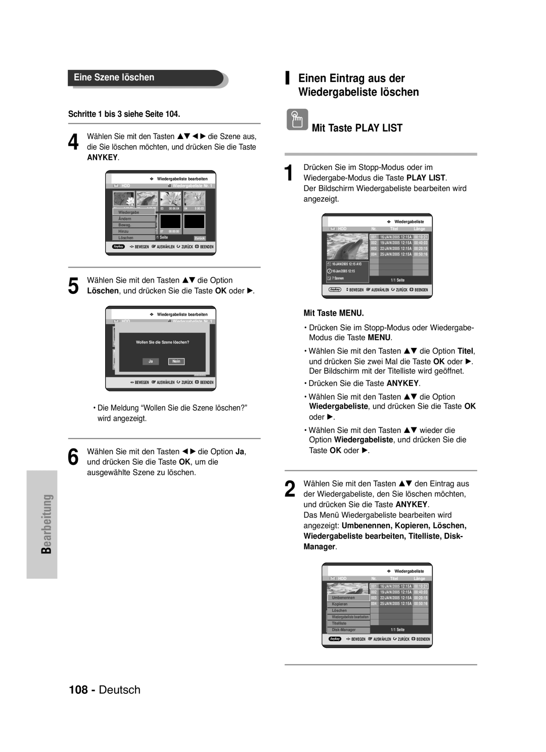 Samsung DVD-HR721/XEG manual Einen Eintrag aus der Wiedergabeliste löschen, Wählen Sie mit den Tasten …† œ √ die Szene aus 