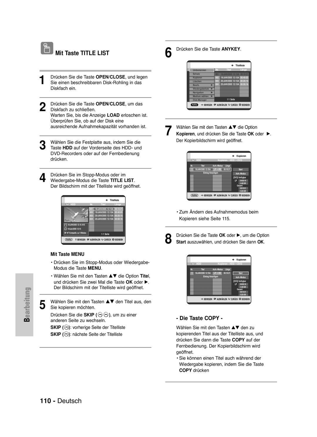 Samsung DVD-HR721/XEG manual Die Taste Copy 