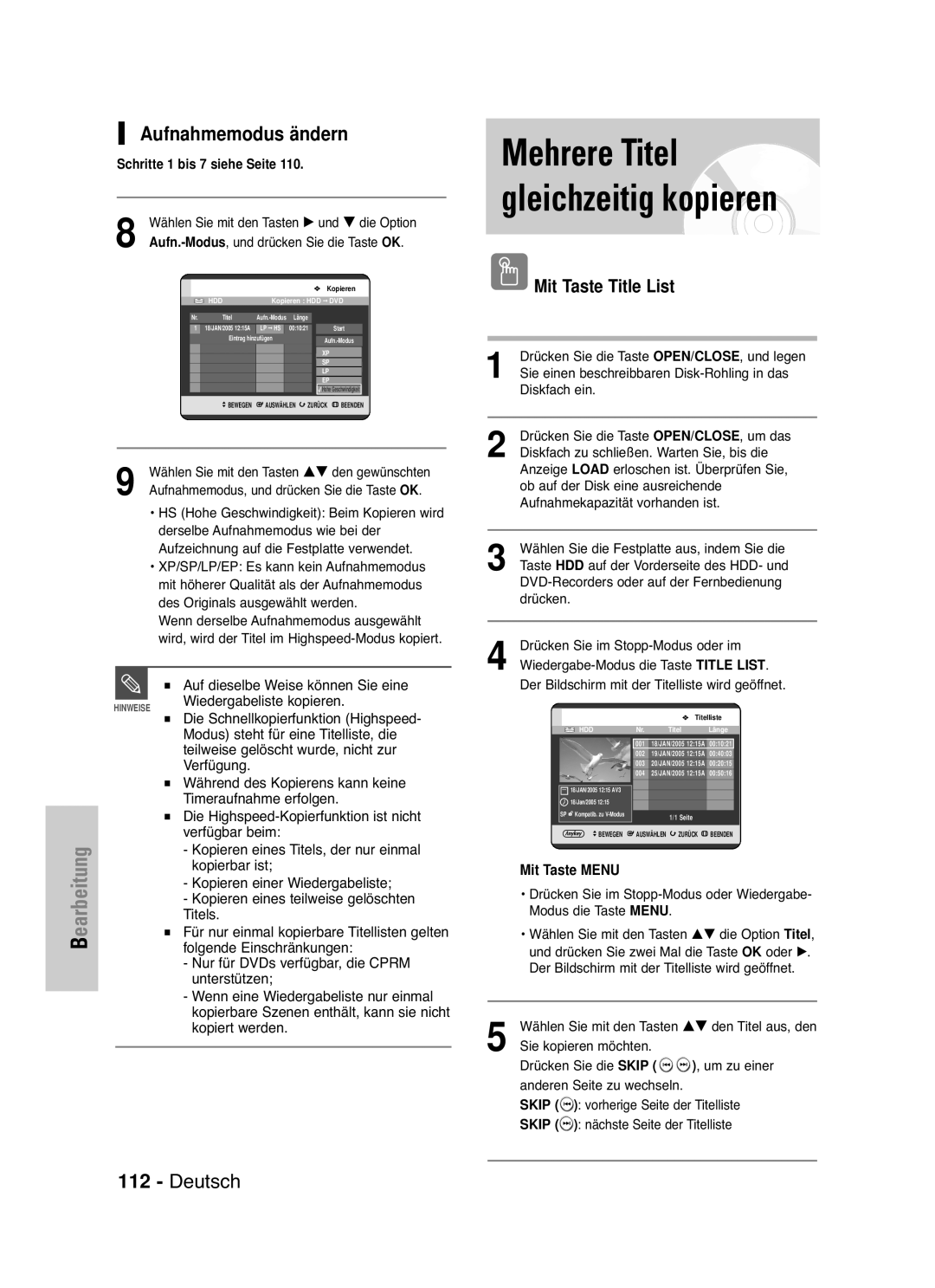 Samsung DVD-HR721/XEG manual Mehrere Titel gleichzeitig kopieren, Aufnahmemodus ändern 