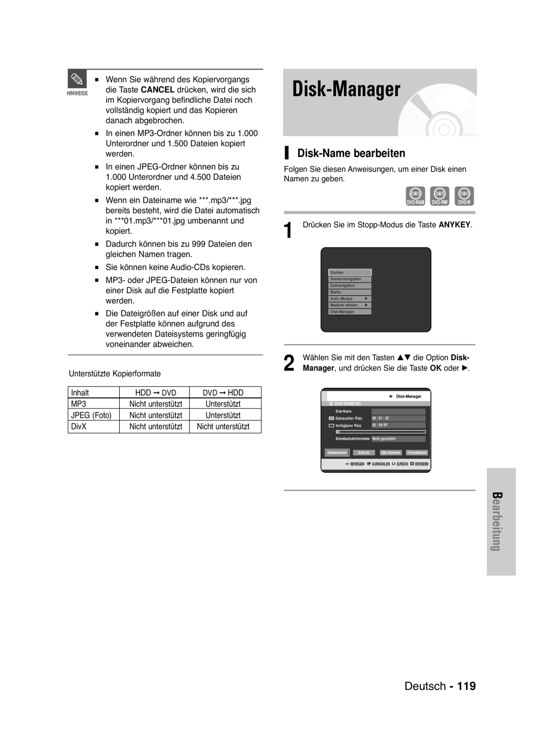 Samsung DVD-HR721/XEG manual Disk-Name bearbeiten, Wenn Sie während des Kopiervorgangs 