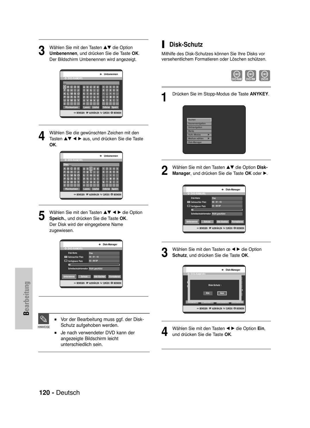 Samsung DVD-HR721/XEG manual Disk-Schutz, Schutz aufgehoben werden 