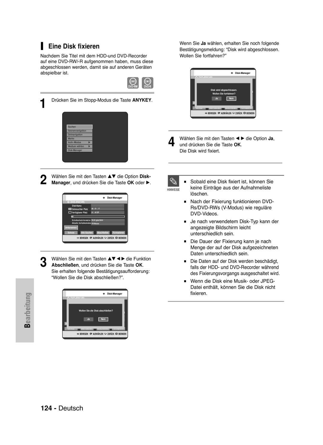 Samsung DVD-HR721/XEG manual Eine Disk fixieren, Wählen Sie mit den Tasten …† œ √ die Funktion 