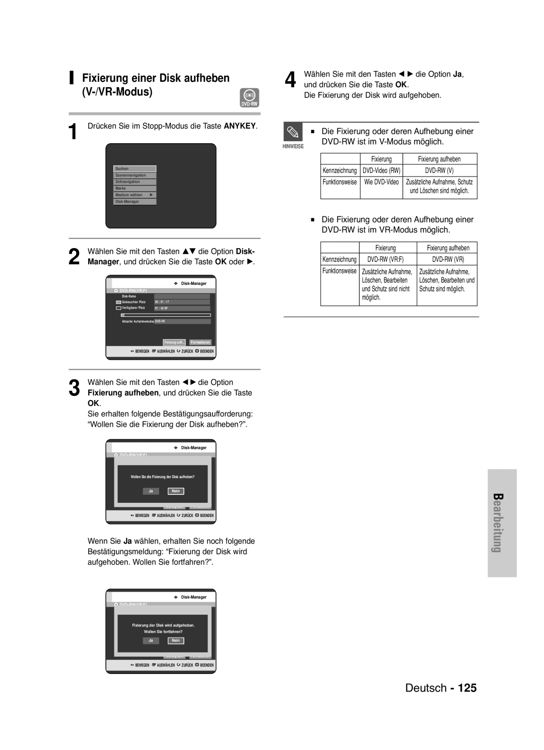 Samsung DVD-HR721/XEG manual Fixierung einer Disk aufheben 