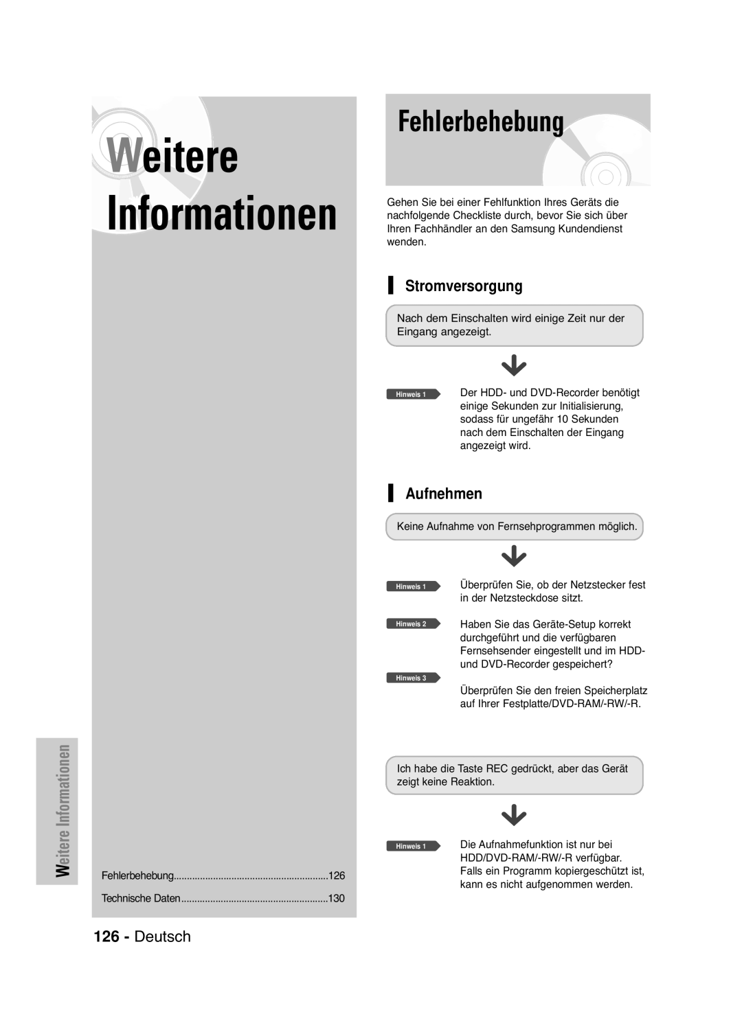 Samsung DVD-HR721/XEG manual Stromversorgung, Aufnehmen 