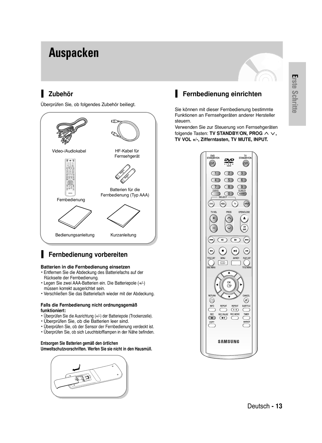 Samsung DVD-HR721/XEG manual Zubehör, Fernbedienung vorbereiten, Fernbedienung einrichten 