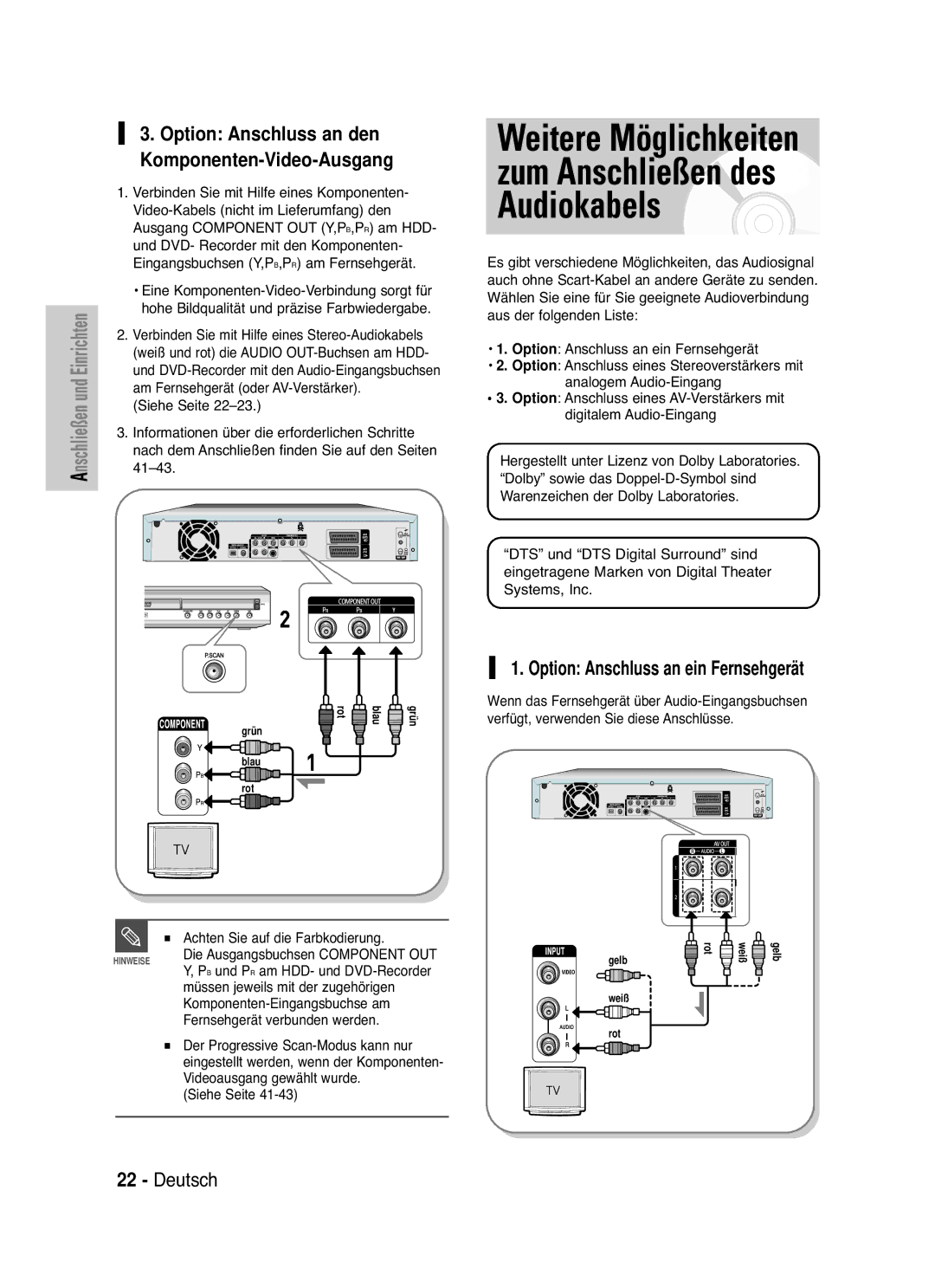 Samsung DVD-HR721/XEG manual Weitere Möglichkeiten zum Anschließen des Audiokabels, Option Anschluss an ein Fernsehgerät 