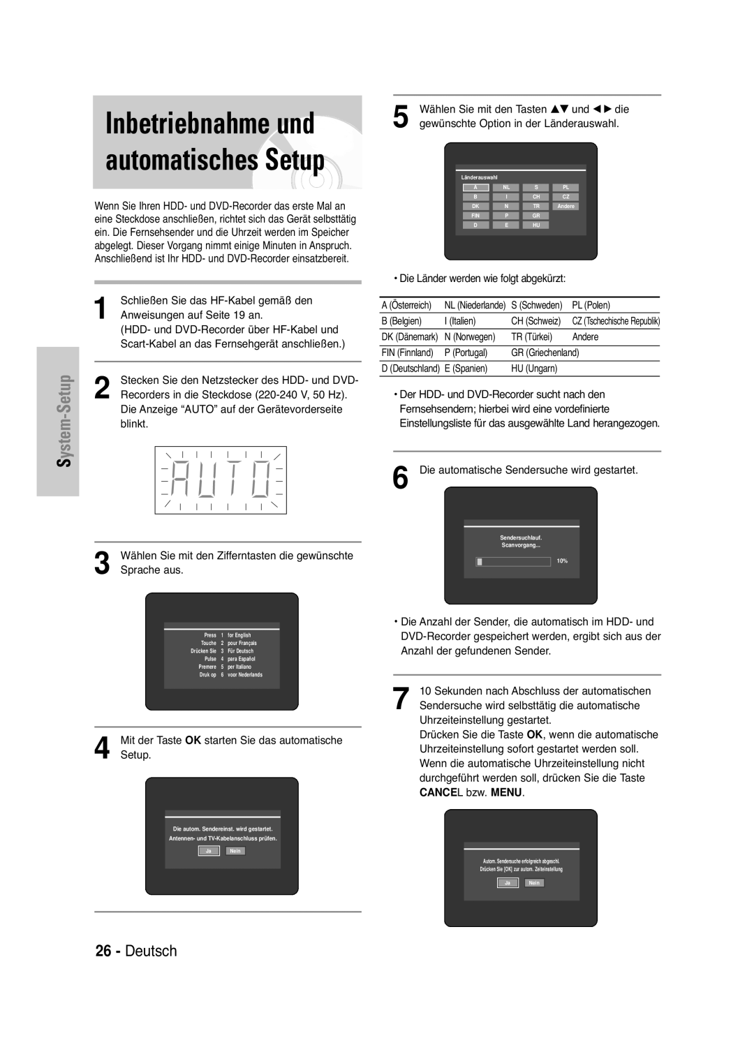 Samsung DVD-HR721/XEG manual Inbetriebnahme und automatisches Setup, Wählen Sie mit den Tasten …† und œ √ die, Cance 