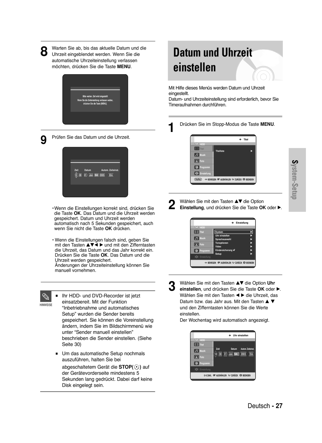 Samsung DVD-HR721/XEG manual Datum und Uhrzeit einstellen, Ihr HDD- und DVD-Recorder ist jetzt 