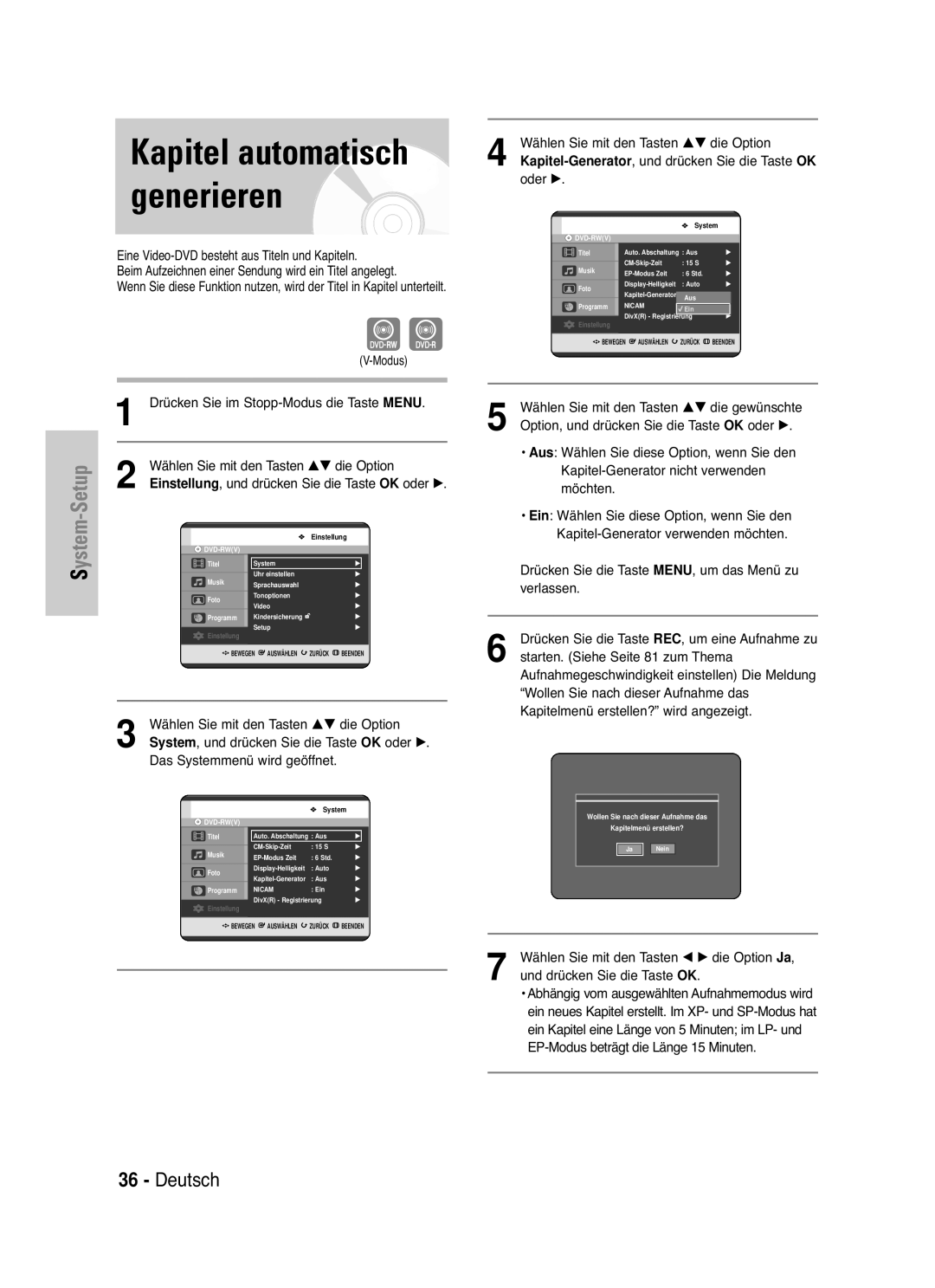 Samsung DVD-HR721/XEG manual Modus, Um das Menü zu 