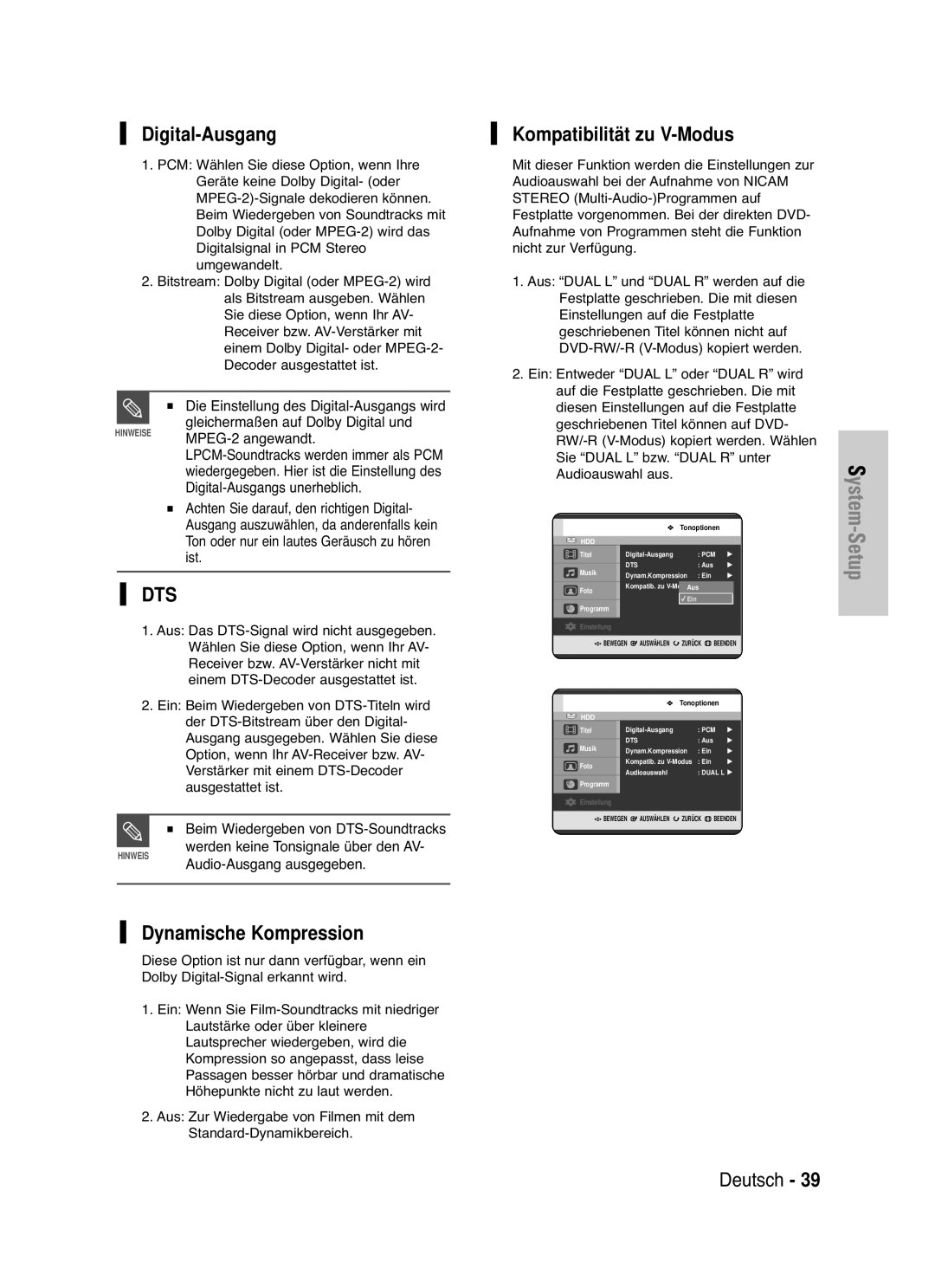 Samsung DVD-HR721/XEG manual Digital-Ausgang, Kompatibilität zu V-Modus, Dynamische Kompression 