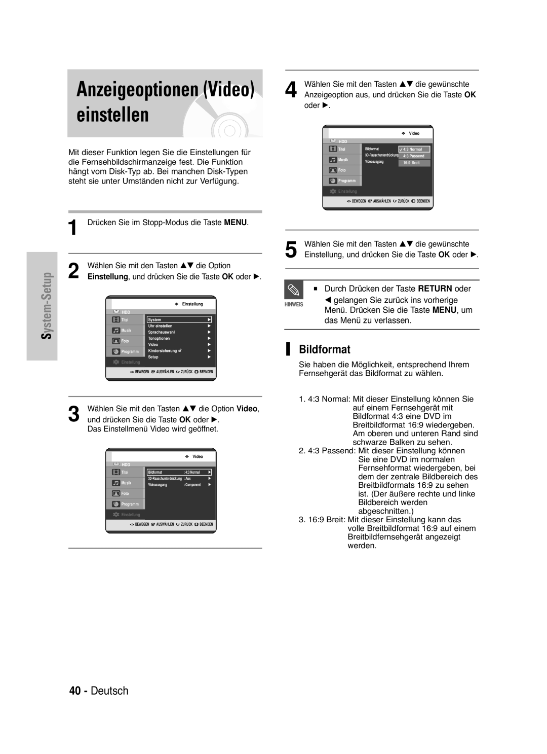 Samsung DVD-HR721/XEG manual Anzeigeoptionen Video einstellen, Bildformat, Das Menü zu verlassen 