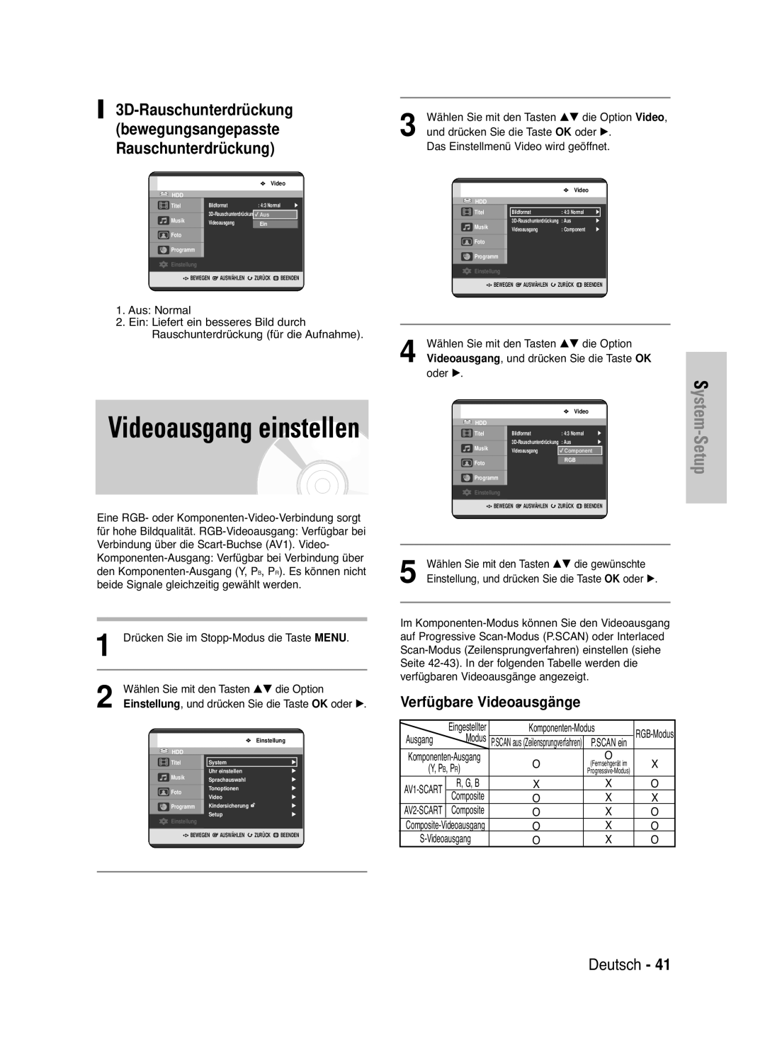 Samsung DVD-HR721/XEG manual Wählen Sie mit den Tasten …† die Option Video, Das Einstellmenü Video wird geöffnet 