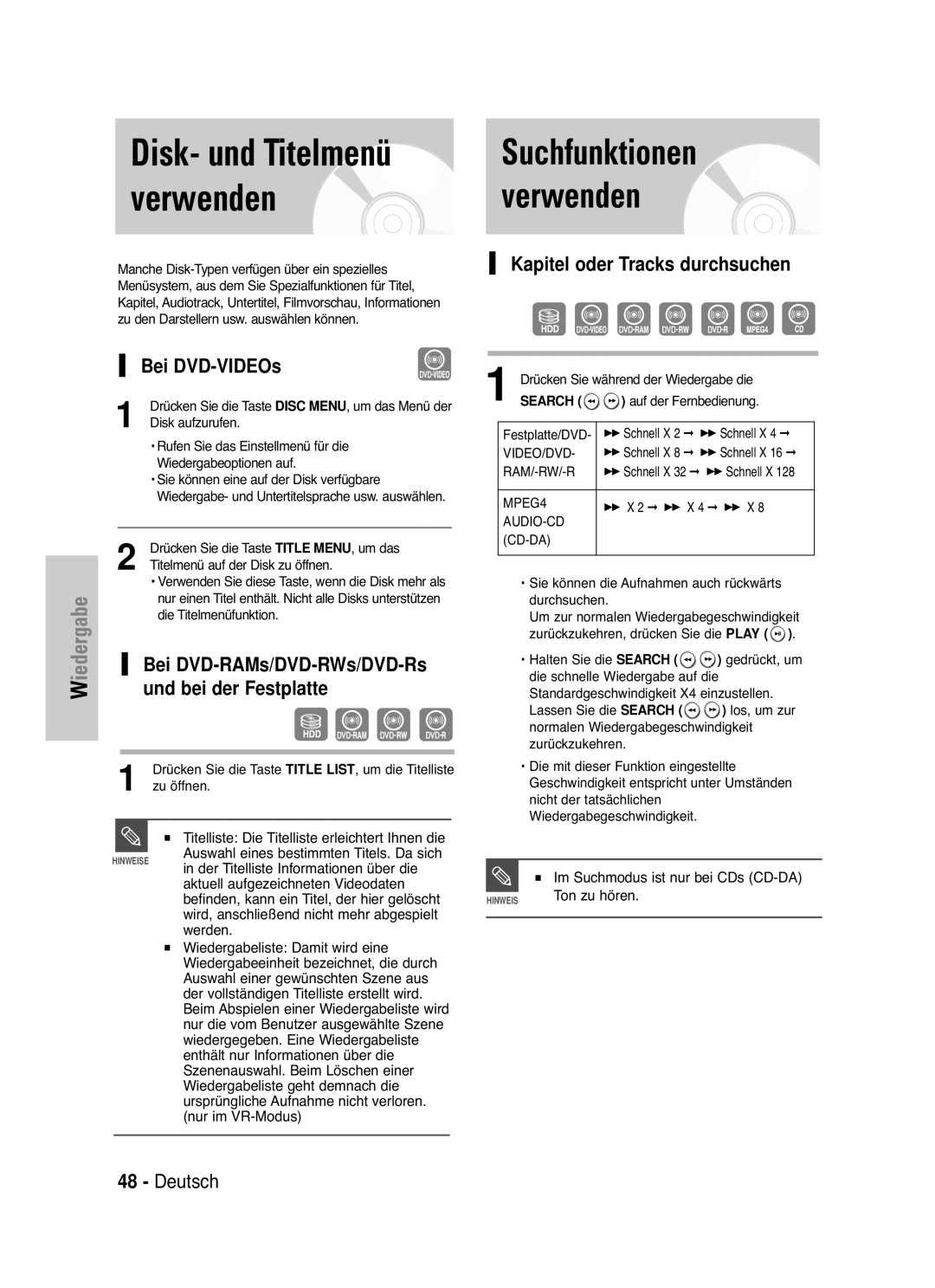 Samsung DVD-HR721/XEG manual Disk- und Titelmenü verwenden, Suchfunktionen verwenden, Und bei der Festplatte 