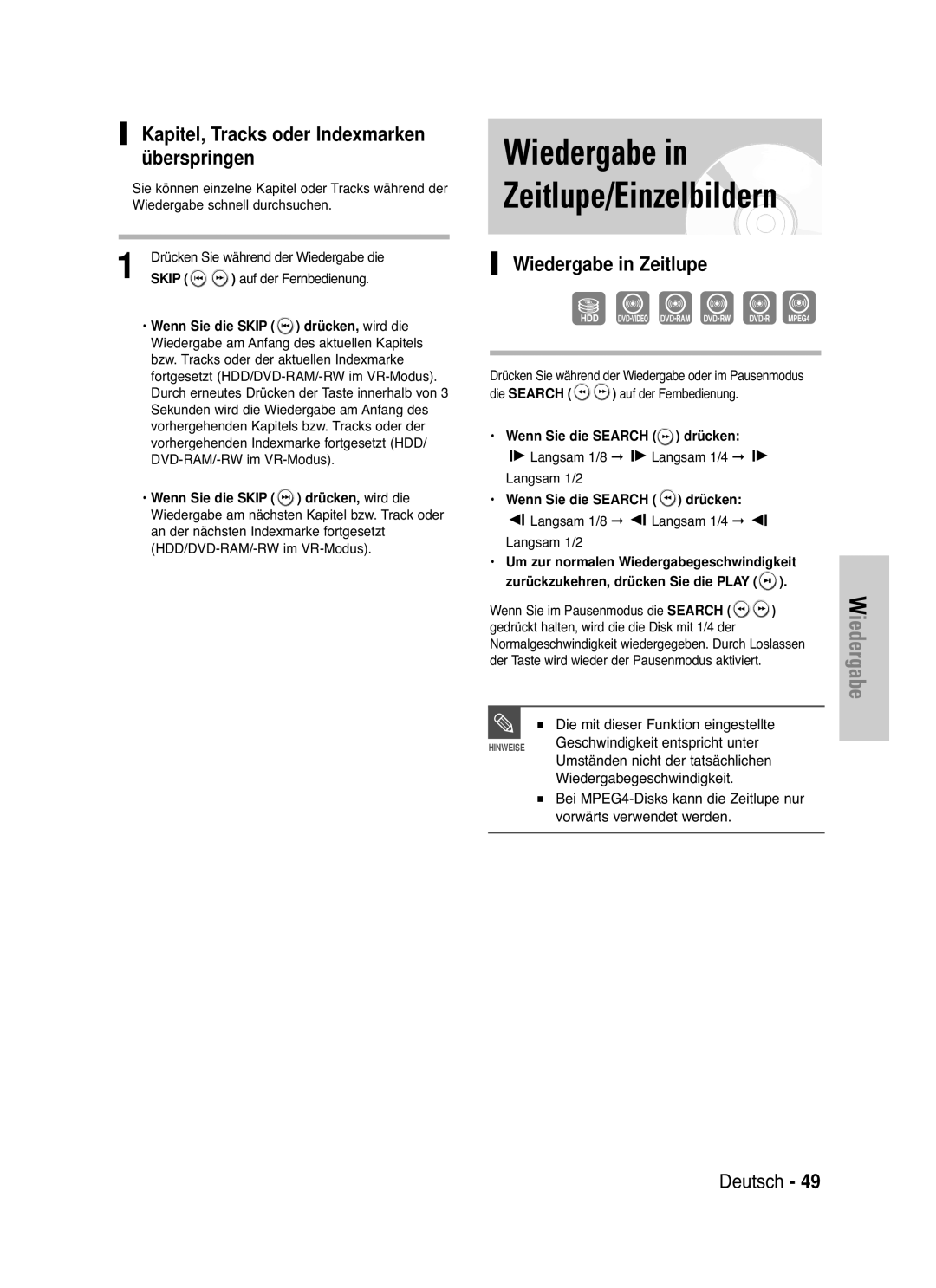 Samsung DVD-HR721/XEG manual Wiedergabe in Zeitlupe/Einzelbildern, Wiedergabegeschwindigkeit, Skip 