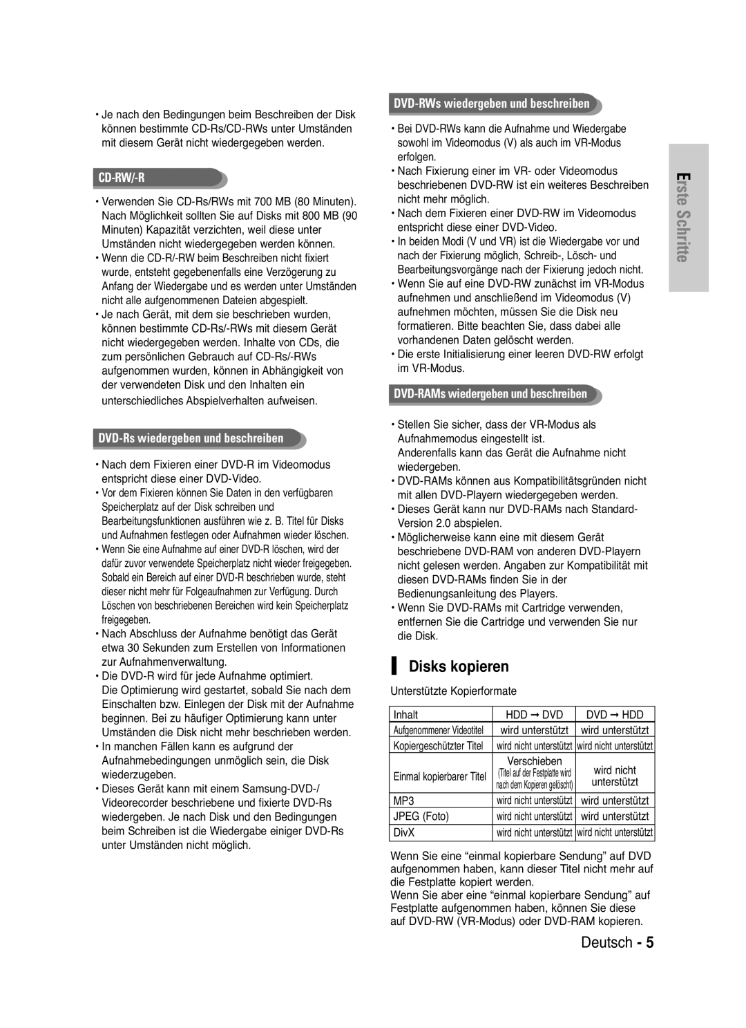 Samsung DVD-HR721/XEG manual Disks kopieren, Anderenfalls kann das Gerät die Aufnahme nicht wiedergeben, Jpeg Foto, DivX 