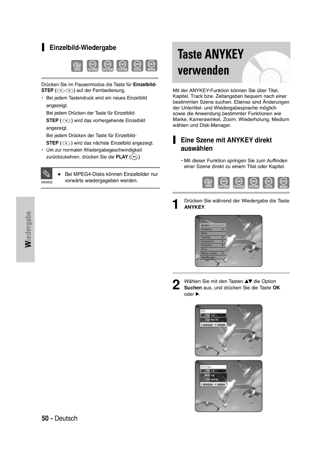 Samsung DVD-HR721/XEG manual Taste Anykey verwenden, Einzelbild-Wiedergabe, Step, Eine Szene mit Anykey direkt auswählen 