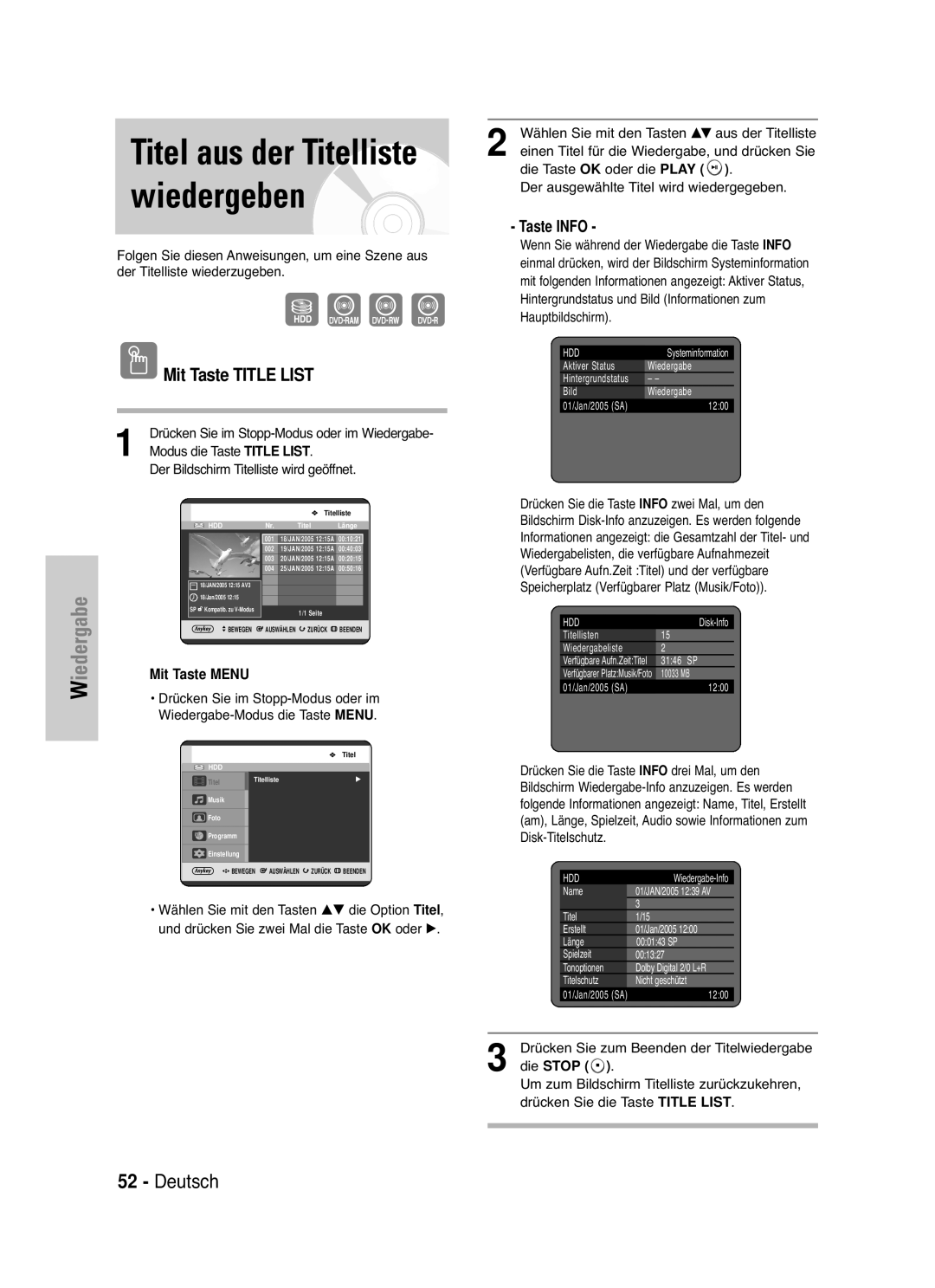 Samsung DVD-HR721/XEG manual Titel aus der Titelliste wiedergeben, Mit Taste Title List, Taste Info 