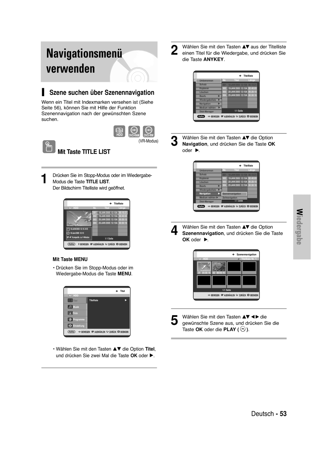 Samsung DVD-HR721/XEG manual Navigationsmenü verwenden, Szene suchen über Szenennavigation, VR-Modus, OK oder 