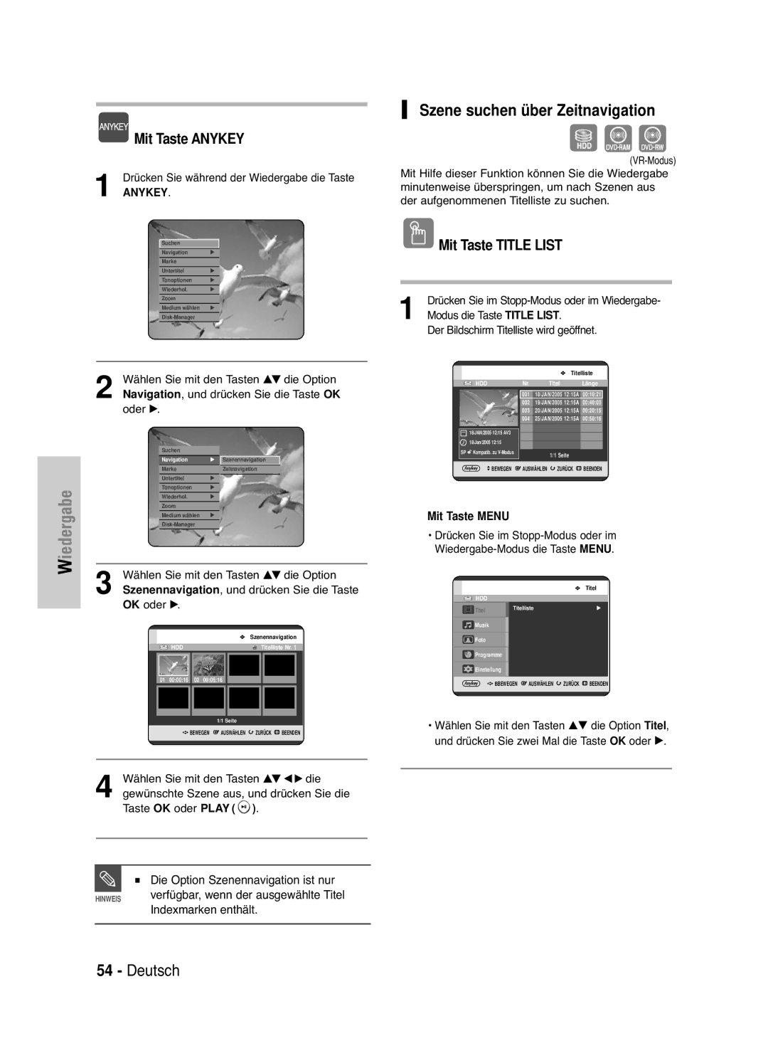 Samsung DVD-HR721/XEG manual Szene suchen über Zeitnavigation, Mit Taste Anykey, Die Option Szenennavigation ist nur 