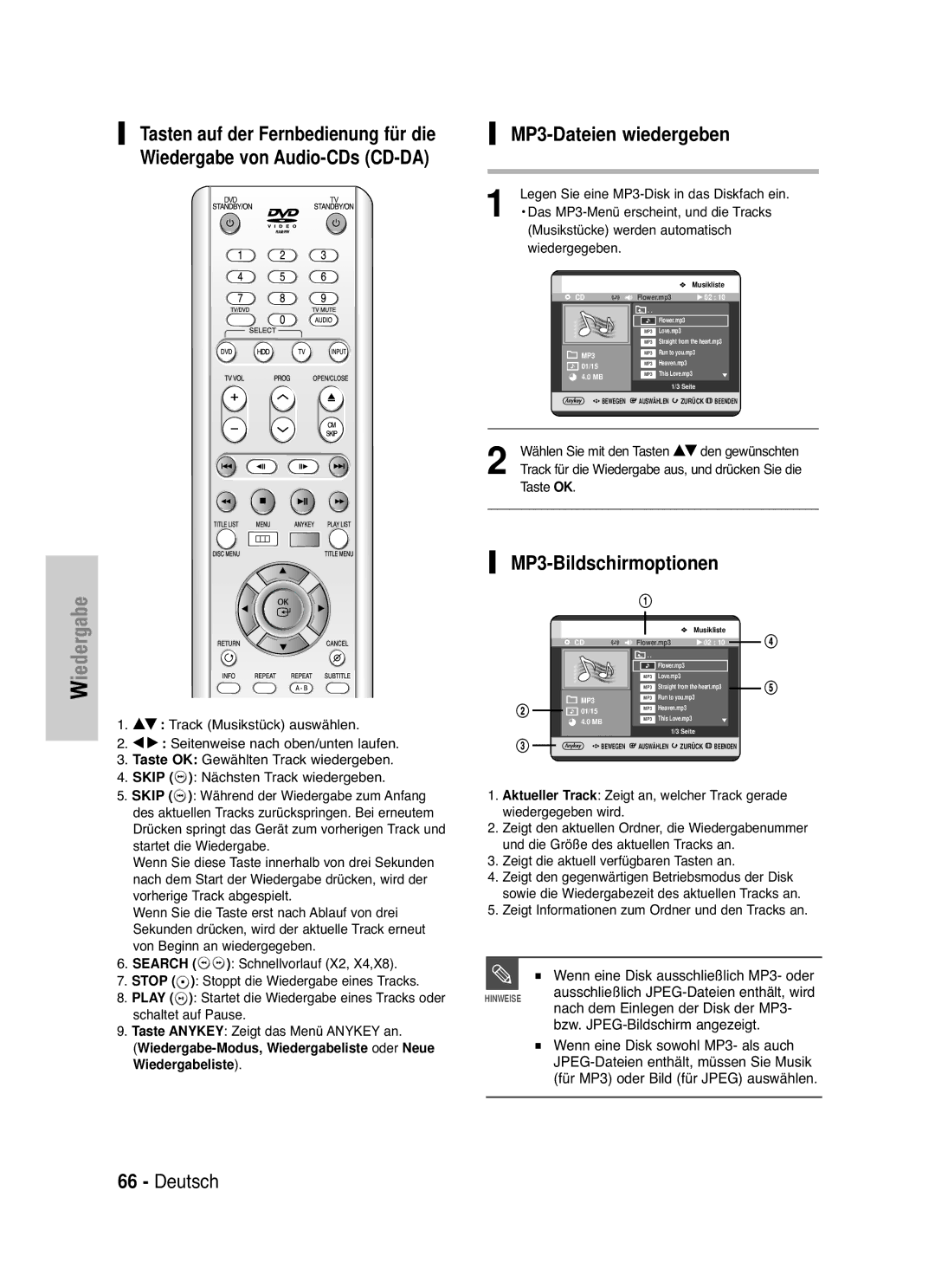 Samsung DVD-HR721/XEG MP3-Dateien wiedergeben, Wenn eine Disk ausschließlich MP3- oder, Bzw. JPEG-Bildschirm angezeigt 