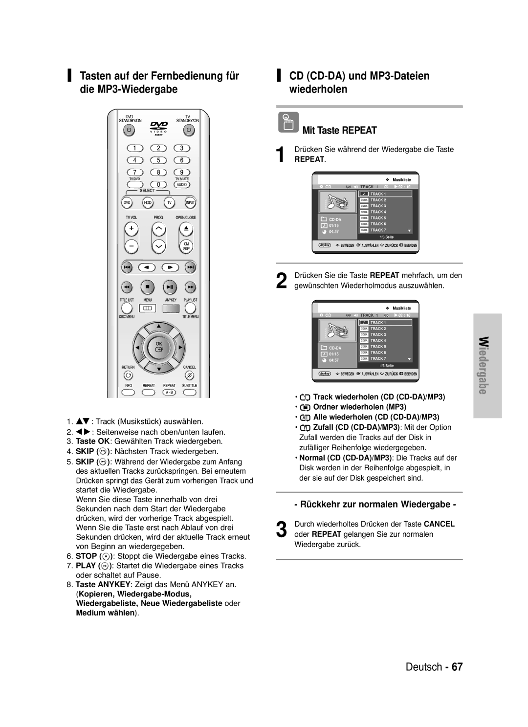 Samsung DVD-HR721/XEG manual Kopieren, Wiedergabe-Modus, Track wiederholen CD CD-DA/MP3, Alle wiederholen CD CD-DA/MP3 