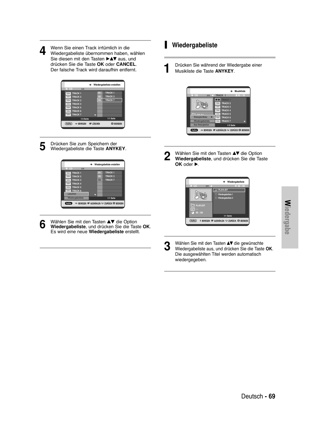 Samsung DVD-HR721/XEG manual Wiedergabeliste, Wenn Sie einen Track irrtümlich in die 