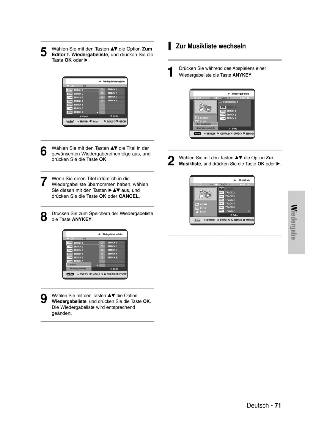 Samsung DVD-HR721/XEG manual Zur Musikliste wechseln, Wählen Sie mit den Tasten …† die Option Zum 