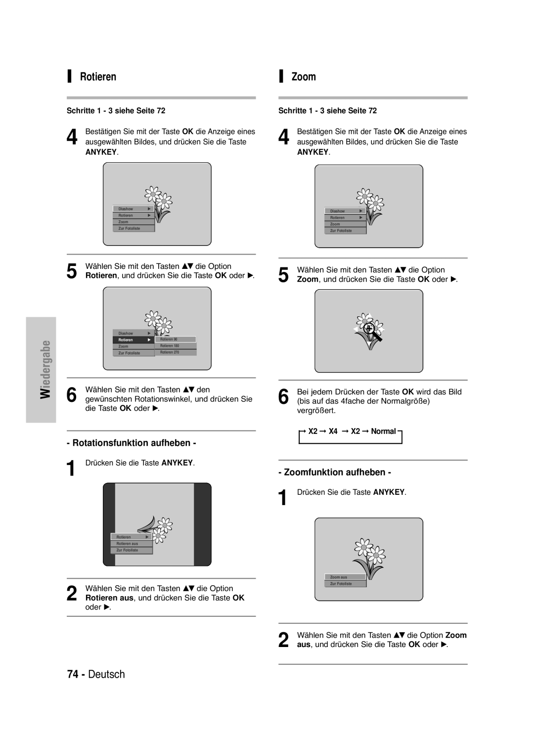 Samsung DVD-HR721/XEG manual Rotieren, Zoomfunktion aufheben 