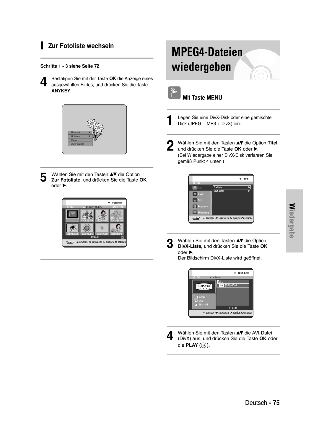 Samsung DVD-HR721/XEG manual Zur Fotoliste wechseln, Mit Taste Menu, DivX-Liste 