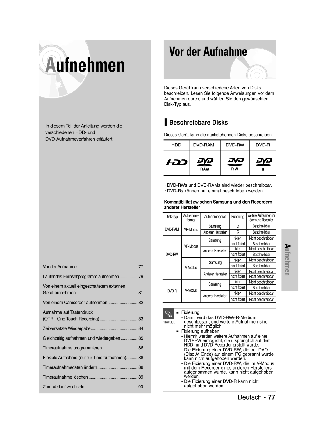 Samsung DVD-HR721/XEG manual Beschreibbare Disks 