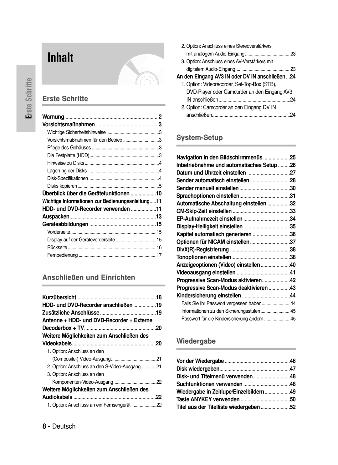 Samsung DVD-HR721/XEG Inhalt, Option Anschluss an den, Antenne + HDD- und DVD-Recorder + Externe, DivXR-Registrierung 