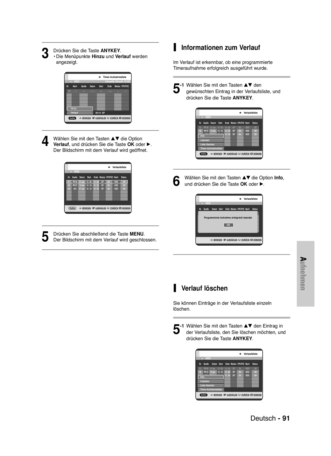 Samsung DVD-HR721/XEG manual Informationen zum Verlauf, Verlauf löschen 