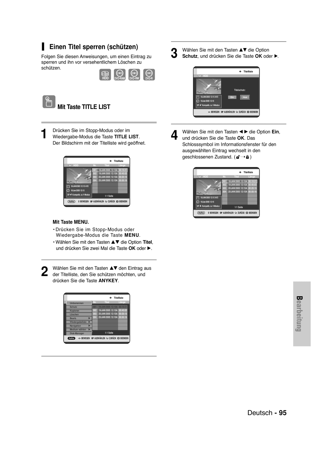 Samsung DVD-HR721/XEG manual Einen Titel sperren schützen 