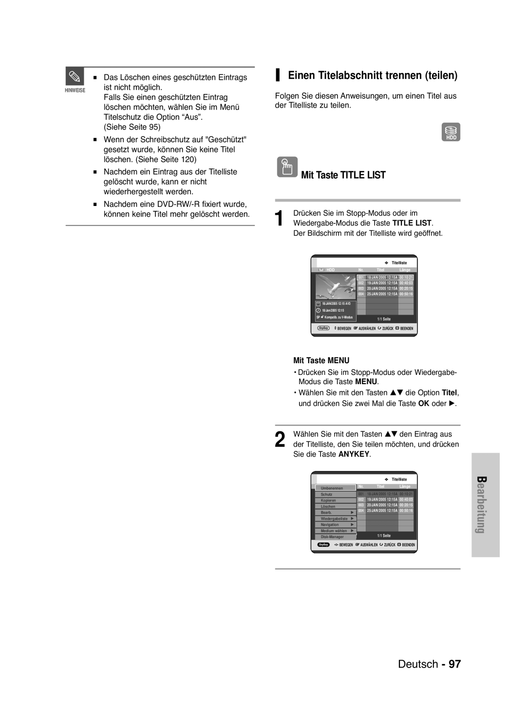 Samsung DVD-HR721/XEG manual Einen Titelabschnitt trennen teilen, Und drücken Sie zwei Mal die Taste OK oder √ 