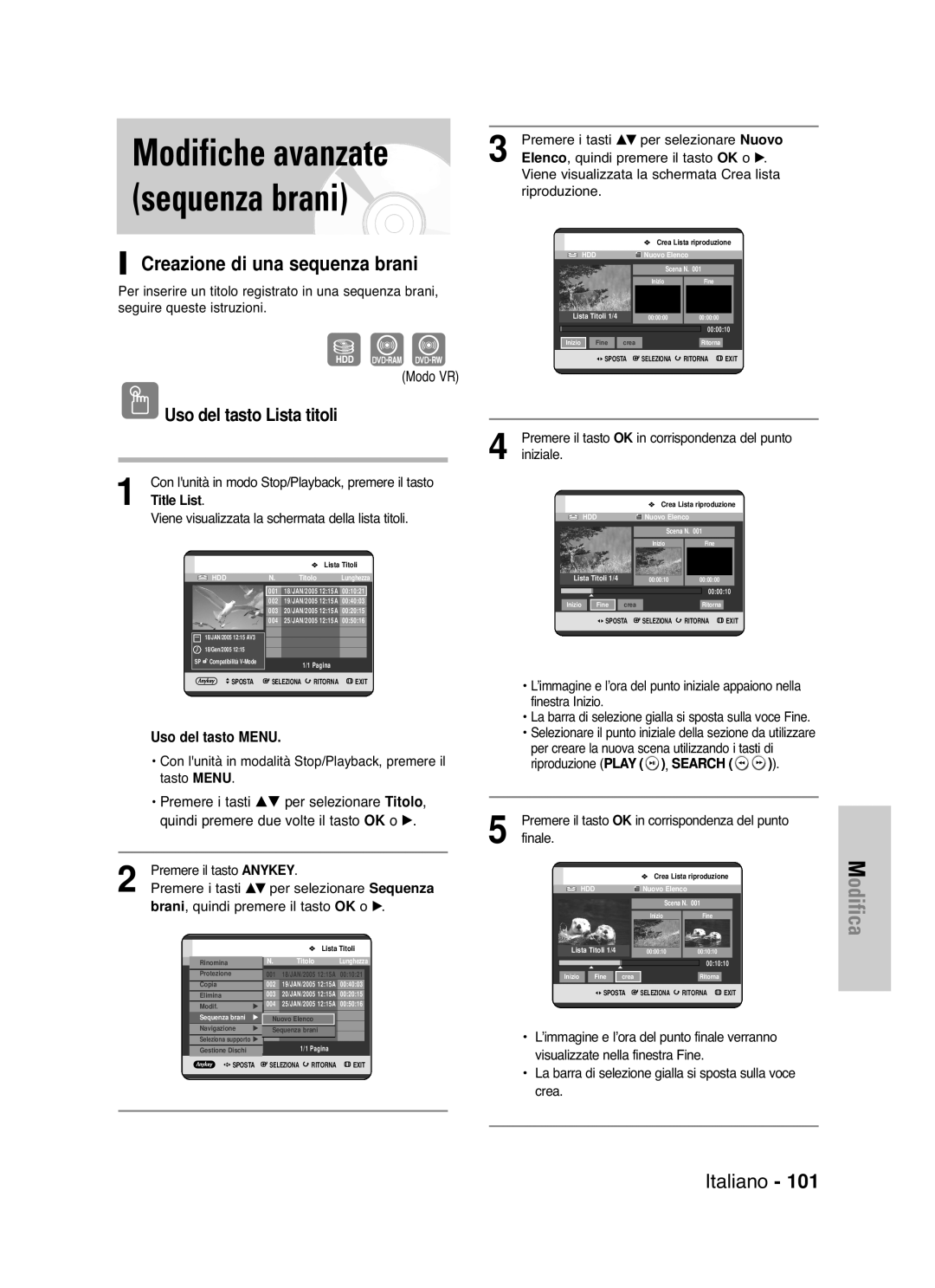 Samsung DVD-HR721/XET manual Modifiche avanzate sequenza brani, Creazione di una sequenza brani, Uso del tasto Lista titoli 