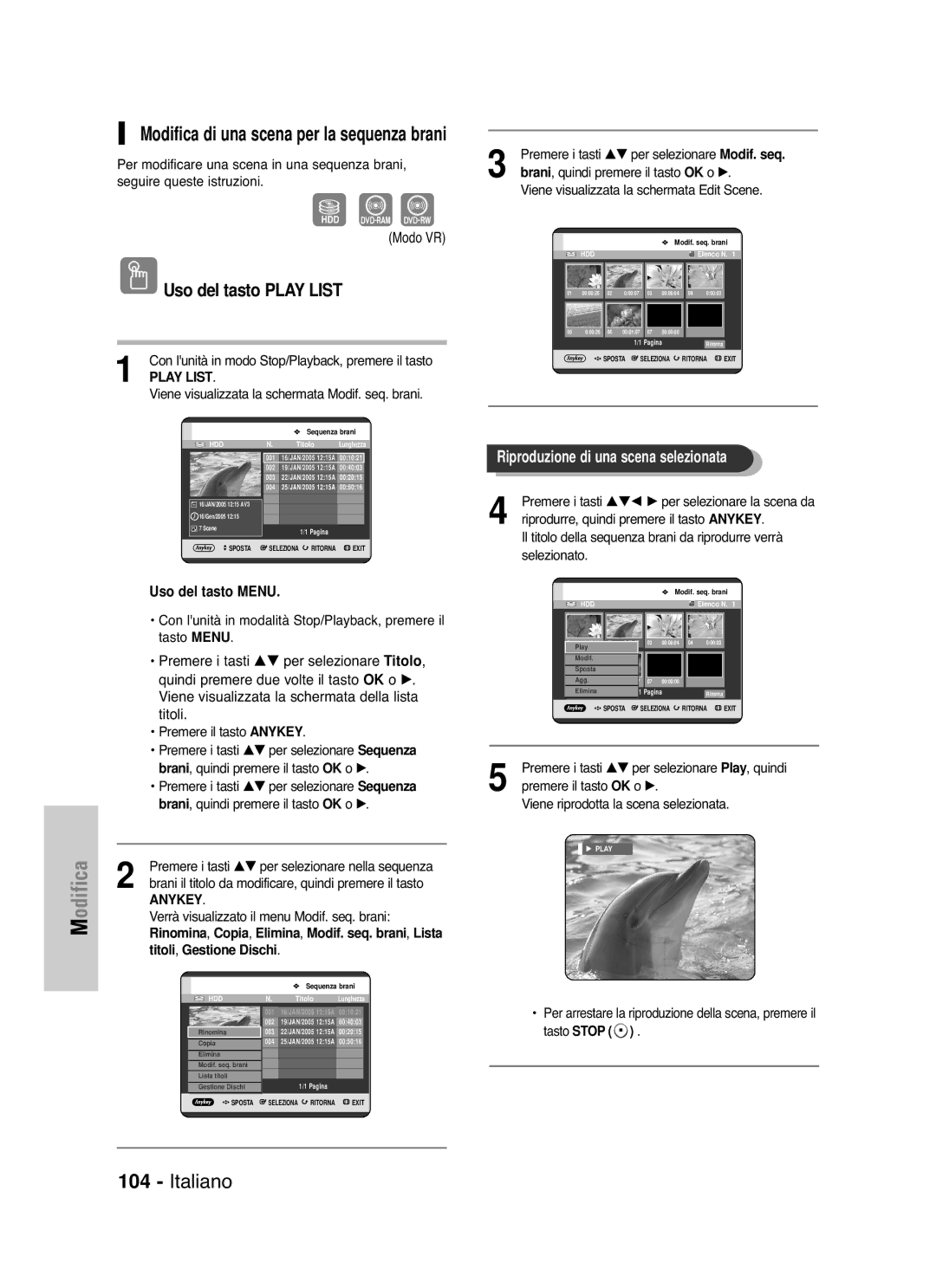 Samsung DVD-HR721/XET manual Modifica di una scena per la sequenza brani, Lista, Disch 