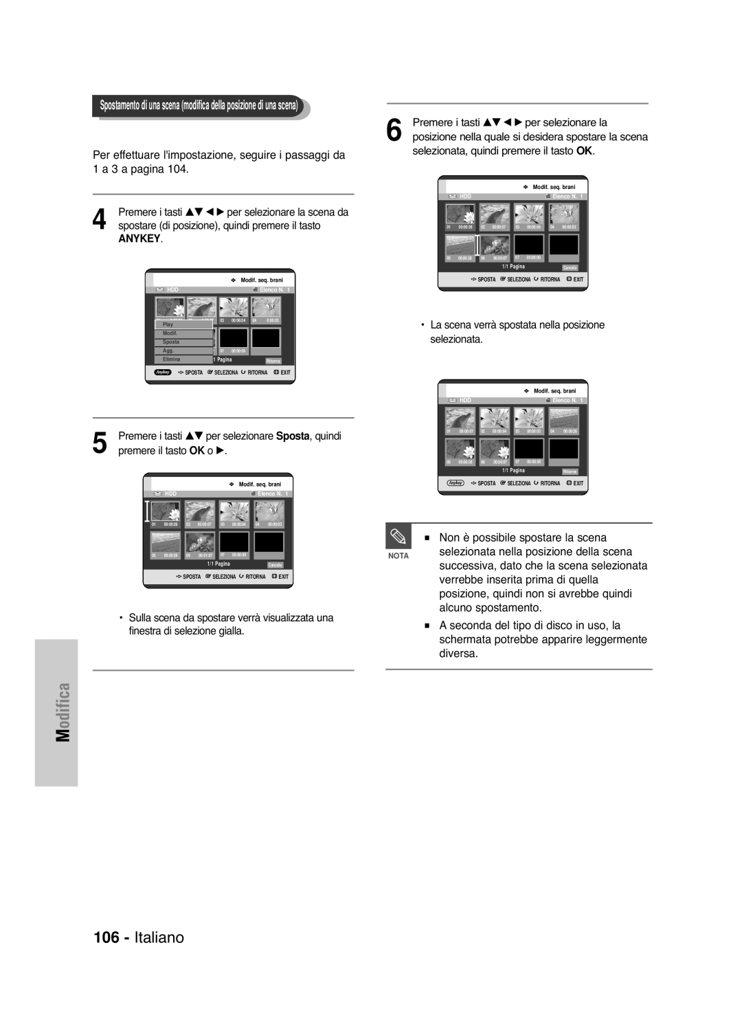 Samsung DVD-HR721/XET manual Non è possibile spostare la scena, Selezionata nella posizione della scena, Alcuno spostamento 