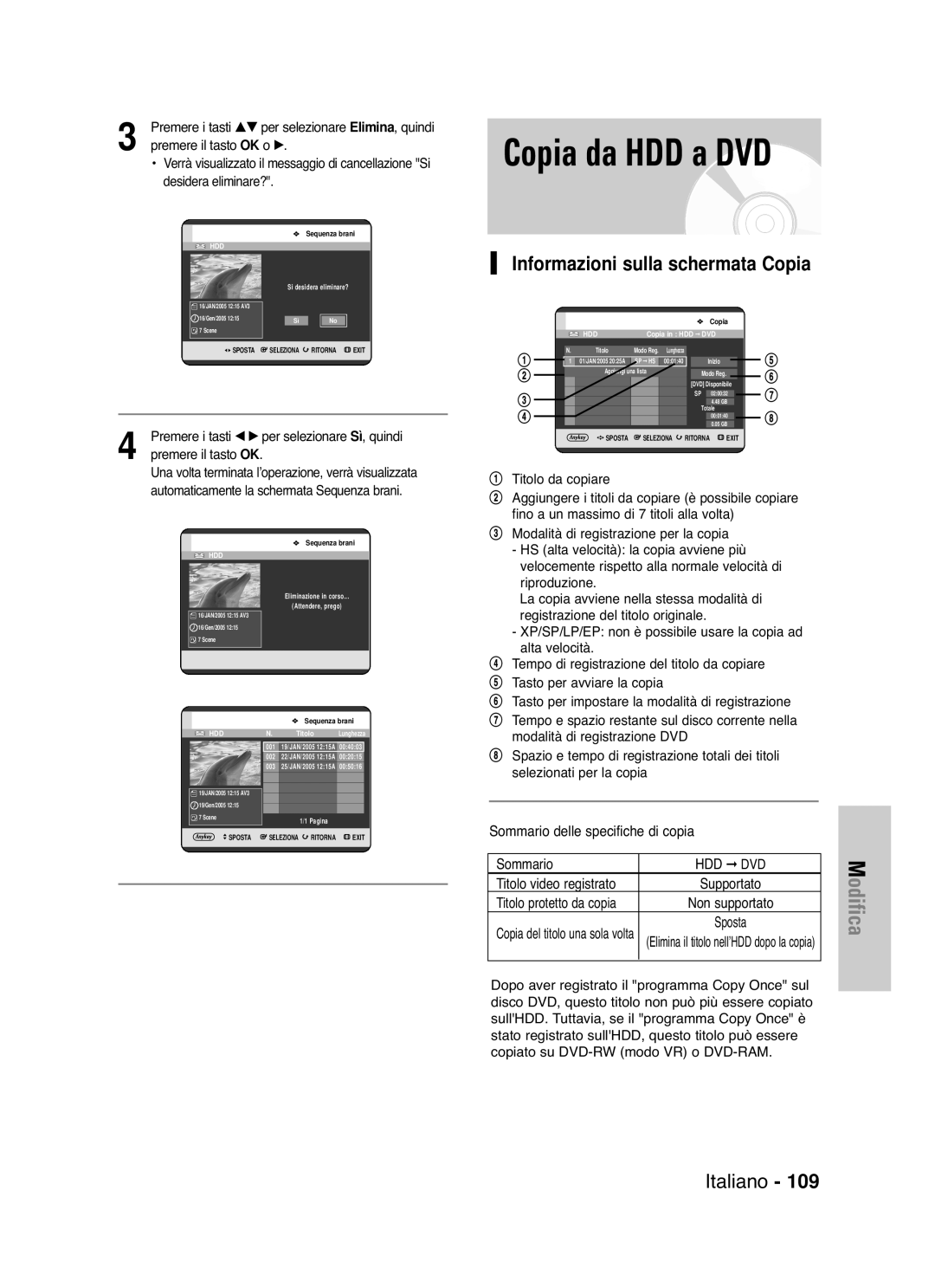 Samsung DVD-HR721/XET manual Informazioni sulla schermata Copia, Sommario, Desidera eliminare?, Titolo video registrato 