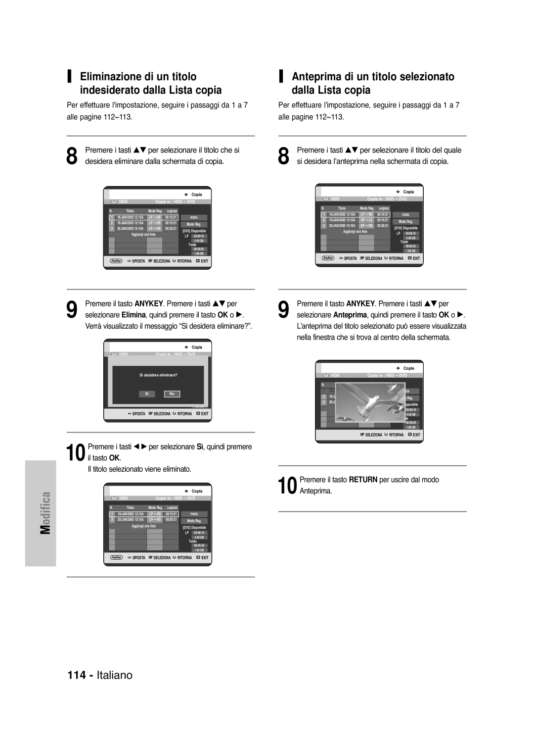 Samsung DVD-HR721/XET manual Premere i tasti …† per, Il titolo selezionato viene eliminato, Anteprima 