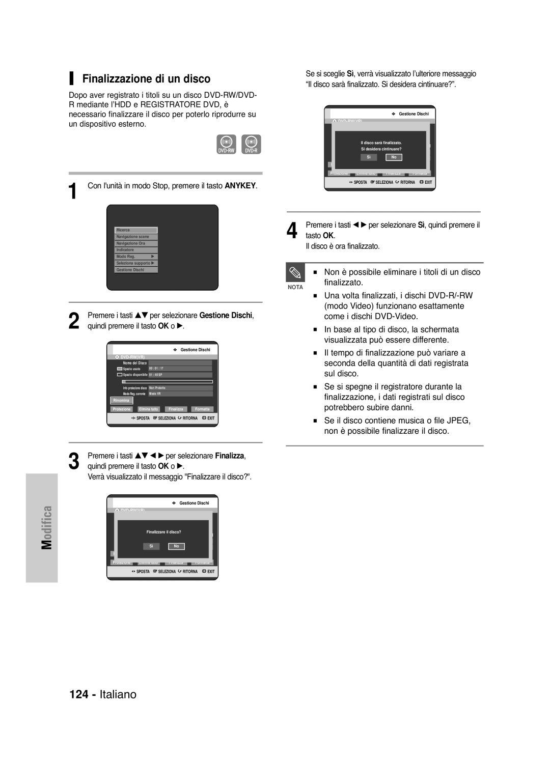 Samsung DVD-HR721/XET manual Finalizzazione di un disco, Finalizzato, Il disco è ora finalizzato 