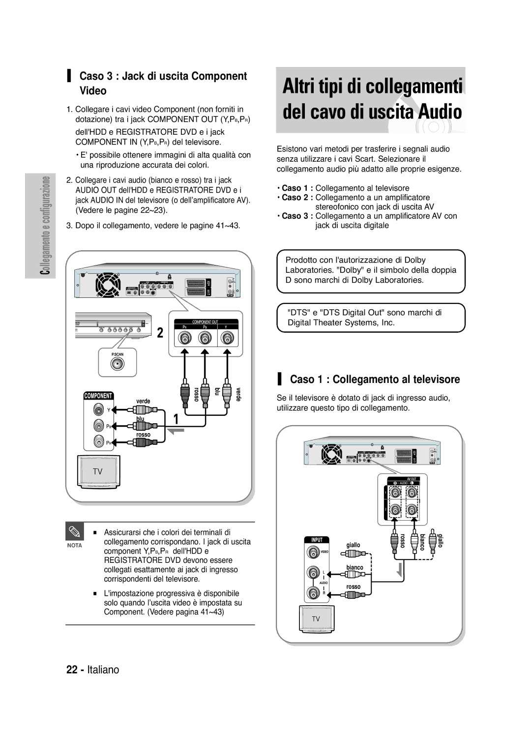 Samsung DVD-HR721/XET manual Altri tipi di collegamenti del cavo di uscita Audio, Caso 3 Jack di uscita Component Video 