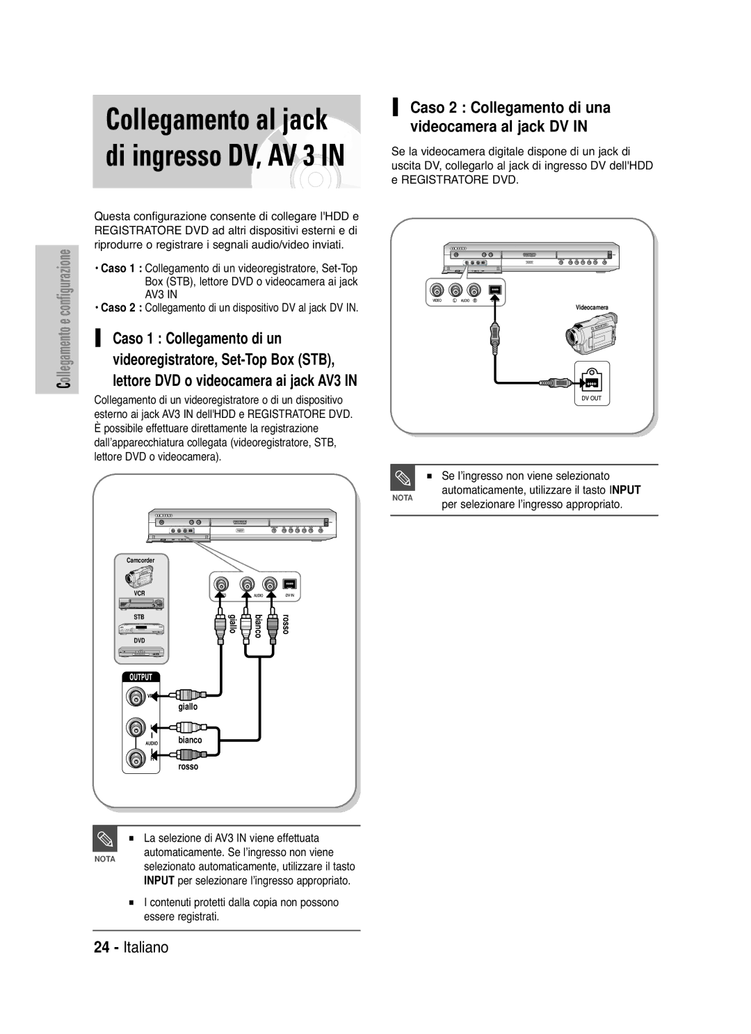 Samsung DVD-HR721/XET manual Collegamento al jack di ingresso DV, AV 3, Caso 1 Collegamento di un 