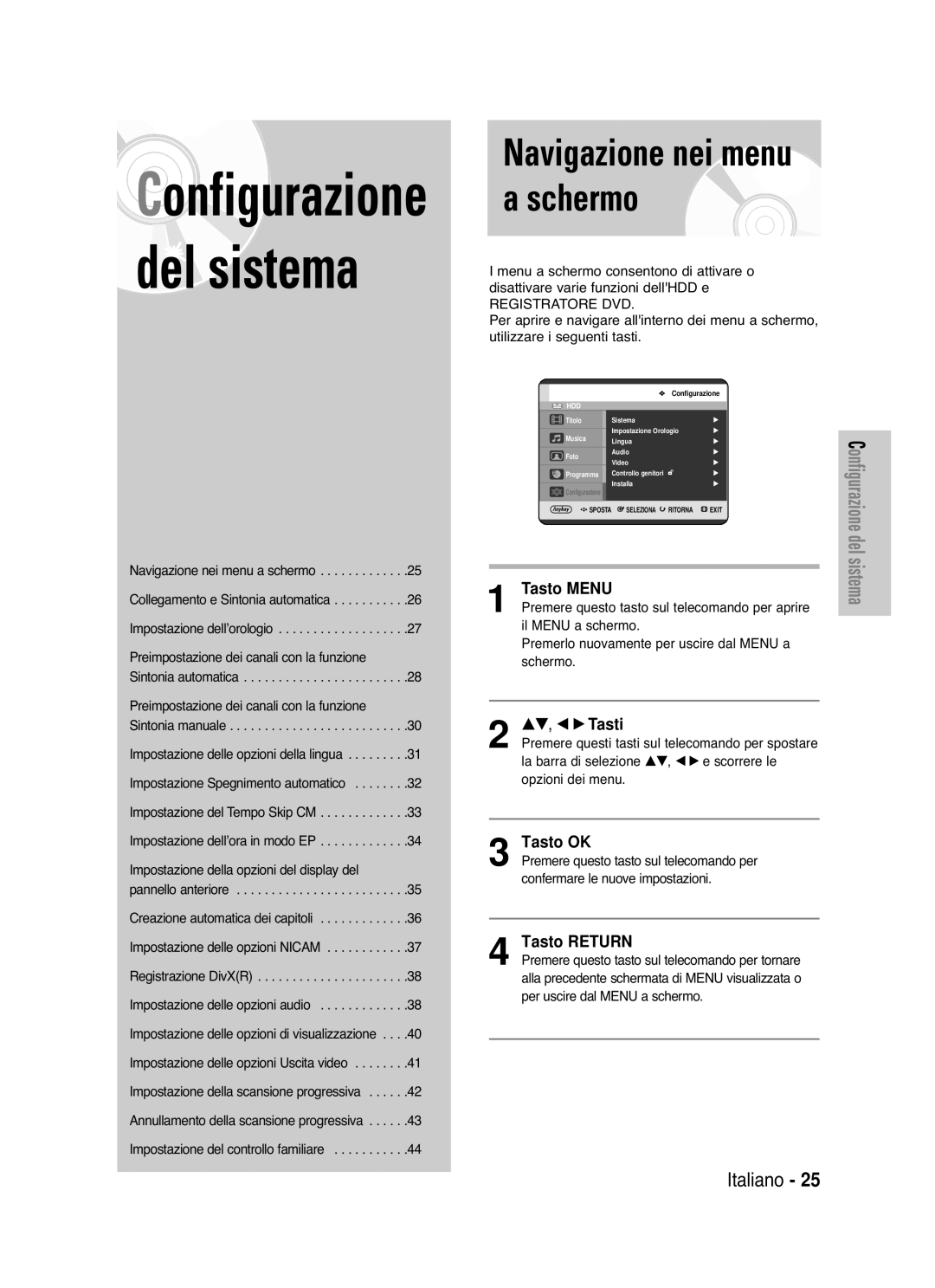 Samsung DVD-HR721/XET manual Tasto Menu, Tasto OK, Tasto Return 