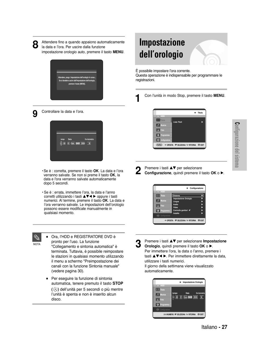 Samsung DVD-HR721/XET manual Impostazione dell’orologio, Ora, l’HDD e Registratore DVD è 