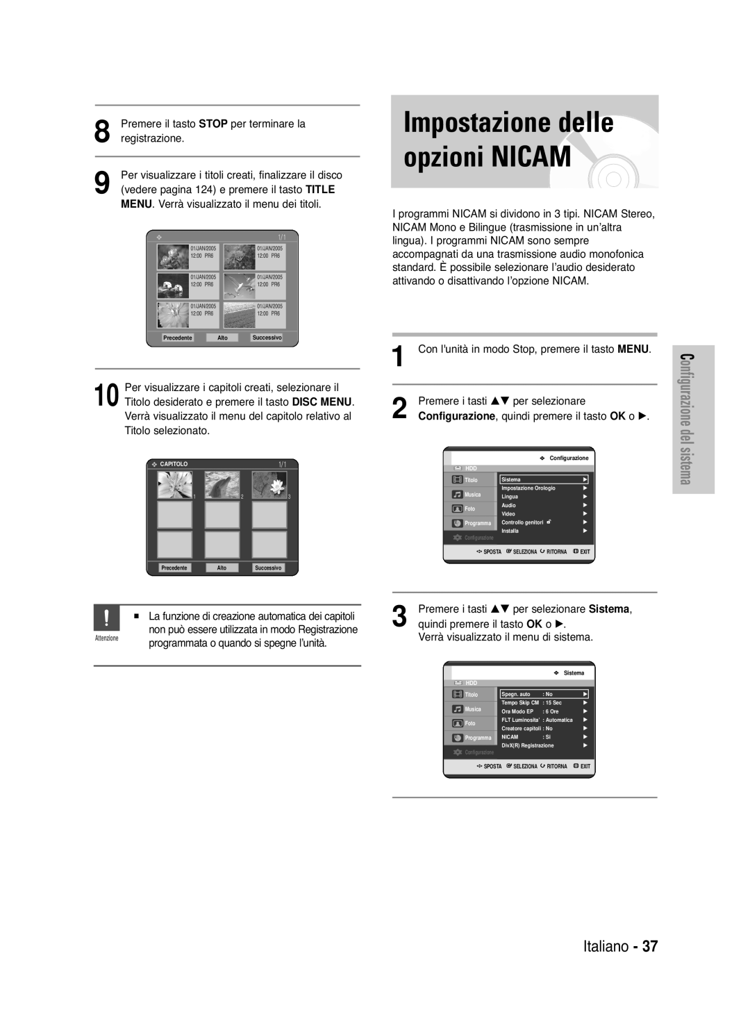 Samsung DVD-HR721/XET manual Per visualizzare i capitoli creati, selezionare il, Programmata o quando si spegne l’unità 