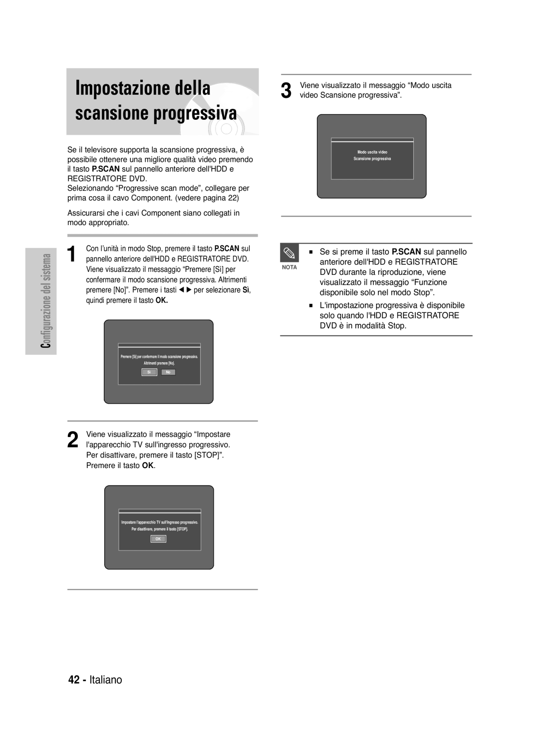 Samsung DVD-HR721/XET manual Impostazione della scansione progressiva 